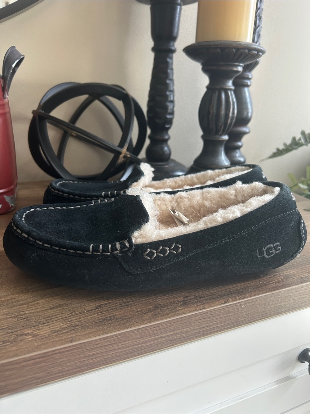 UGG Ansley Black Suede Shearling-Lined Moccasins 8 - Picture 3 of 6